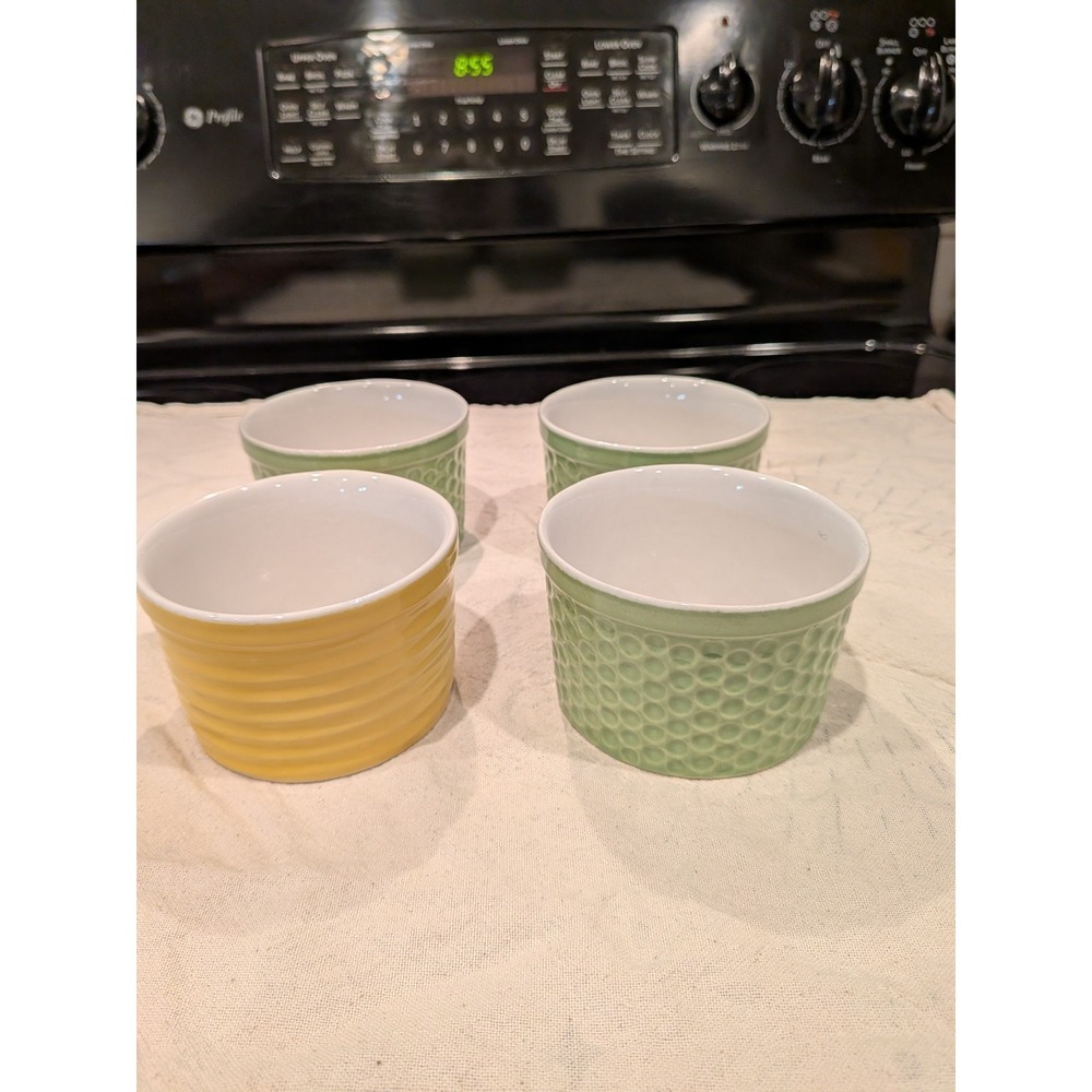 Over And Back Inc Set of 4 Ceramic Ramekins Green Yellow Made In Portugal 8 Oz
